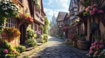 Sunny cobblestone street in a charming fairytale village with colorful flowers and medieval architecture.