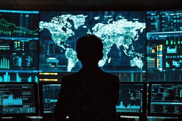 Silhouette of a businessman analyzing data with digital world map in the background.