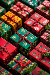 A bunch of wrapped presents with red and green ribbons and bows