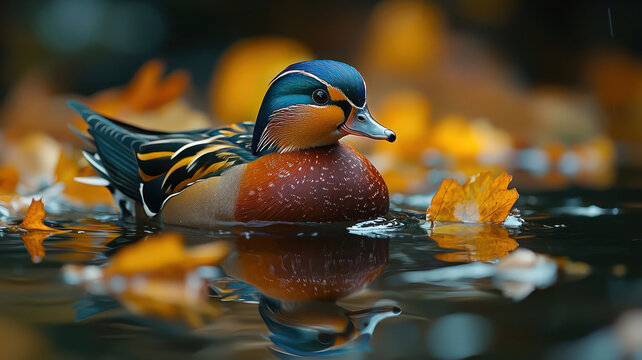 A colorful mandarin duck swimming in a calm lake, with autumn leaves floating on the surface."