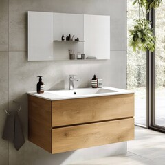 Fototapeta premium A stylish bathroom features a wooden vanity with smooth lines, a sleek sink, and minimalist accessories. Large windows provide natural light, enhancing the spacious feel of the room
