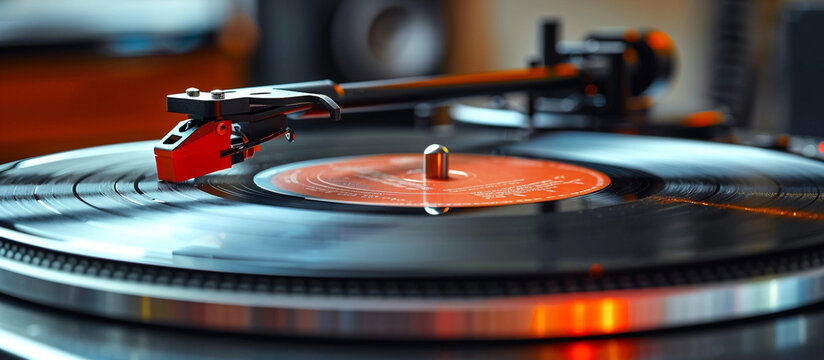Close up of moving vinyl player from side view with red needle head. Retro and modern fusion. Vintage music player.