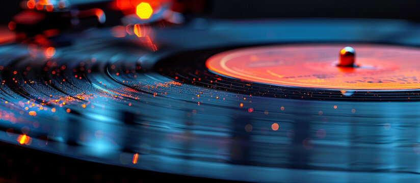 Close up of moving vinyl player from side view with red needle head. Retro and modern fusion. Vintage music player.