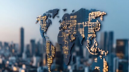 A vibrant digital cityscape with a futuristic globe, glowing tech elements, and modern buildings symbolizes innovation