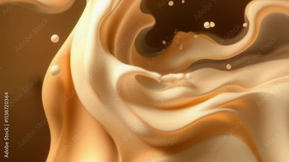 Poster Animation with organic shapes of milk and coffee. Composition resembles a splash or swirl of liquid with floating drops and bubbles