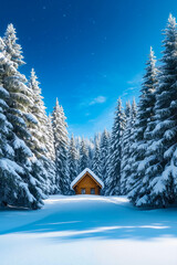 Fototapeta premium A small cabin in the middle of a snowy forest