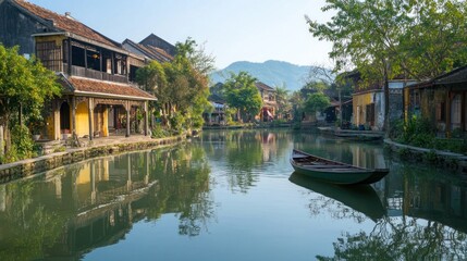 Obraz premium Calm river scene in ancient Asian town.