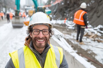 Smiling construction worker on snowy job site, wearing safety helmet and glasses, high-visibility vest, happy expression, industrial work setting, high-resolution image of worker