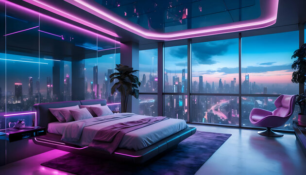 Futuristic Cityscape Bedroom Design: Neon Lights, Panoramic View, Modern Furniture