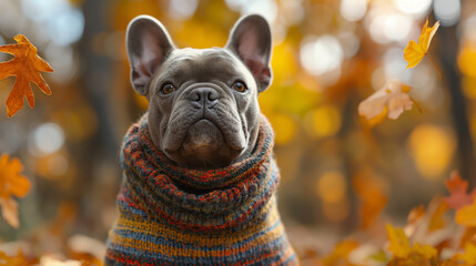 French Bulldog in colorful sweater sitting in autumn forest