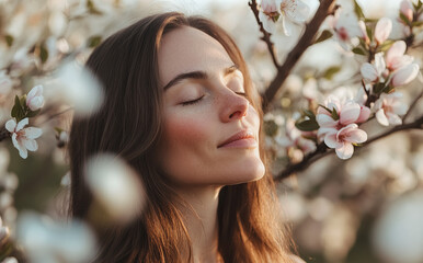 Fototapeta premium A serene woman in her late thirties with long brown hair enjoys the scent of blooming almond trees, surrounded by white and pink blossoms in a tranquil orchard.