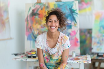 Cheerful artist in studio, smiling woman surrounded by colorful paintings, creative workspace, artistic expression, joyful mood, high-resolution portrait of a female painter

