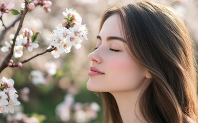 Naklejka premium A serene woman in her late thirties with long brown hair enjoys the scent of blooming almond trees, surrounded by white and pink blossoms in a tranquil orchard.