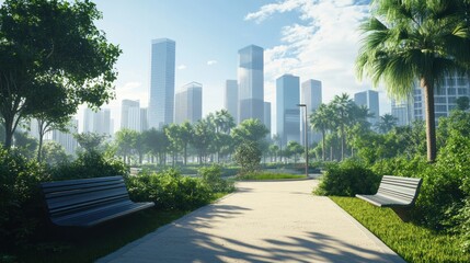 City park with benches and skyscrapers in background.