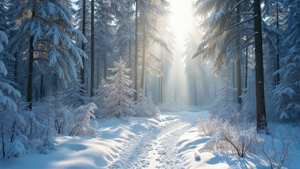 Obraz premium Serene Snow-Covered Forests: A Winter Wonderland of Frosted Trees, Sunlit Paths, and Pristine Beauty