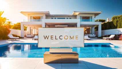 Beautiful sign with the inscription Welcome on the background of a modern house, with a swimming pool on a sunny summer day