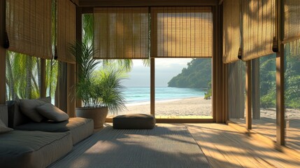 Tropical beach view from minimalist room.