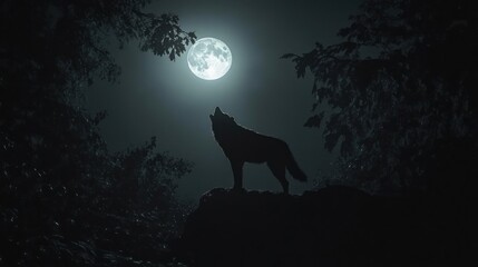 Wolf howling at full moon in dark forest.