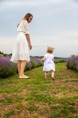Naklejka premium Happy mother and daughter in a lavender field