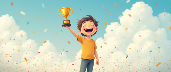 Fototapeta premium Child with a golden trophy in his hand. Beautiful sky background with clouds and confetti. Child winner. Vector illustration