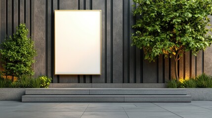 Blank vertical billboard mockup in modern city square near building entrance with greenery and stone steps