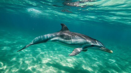 Fototapeta premium Graceful dolphin glides through turquoise waters.