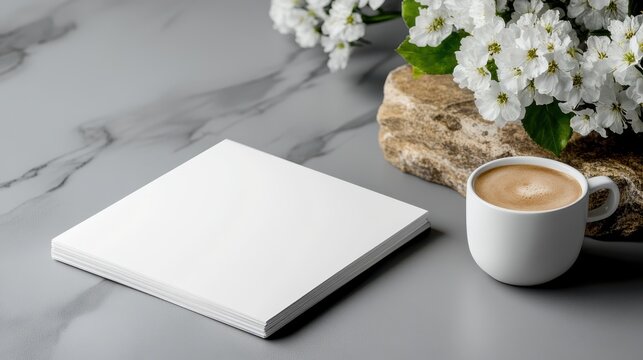 Mockup of blank A4 magazine held over gray surface with magazines, flowers, and coffee cup for advertising concept