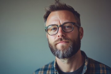 Fototapeta premium Confident Man with Glasses and Beard Posing Against a Neutral Background