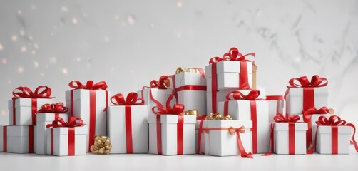 Elegant red ribbon tied around assorted gifts, white background,  surprise,  packaging,  background