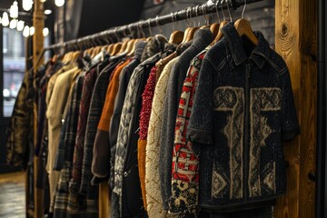 Obraz premium A vibrant display of diverse jackets and coats on wooden hangers in a stylish boutique.