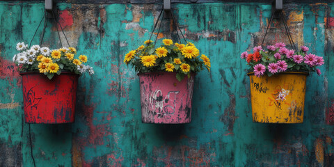 Urban wall flower wallpaper colorful hanging pots cityscape floral art vibrant environment close-up view nature concept