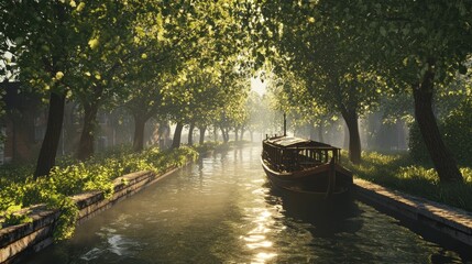 Obraz premium Sunlit canal with boat and trees.