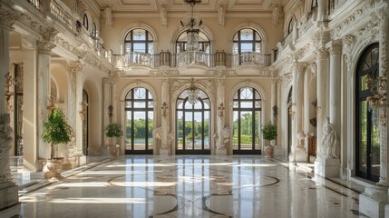Obraz premium Grand hall with elegant architecture and natural light in a luxurious mansion