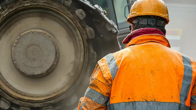 Construction worker in safety gear monitors heavy machinery during site operations