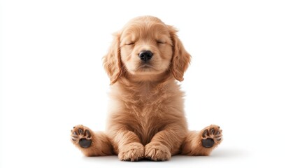 Enjoying a peaceful moment with a relaxed golden retriever puppy during a yoga session on a bright day