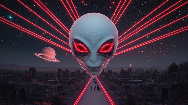 A surreal alien figure with glowing eyes surrounded by laser beams and planetary scenes, evoking themes of extraterrestrial life and science fiction.