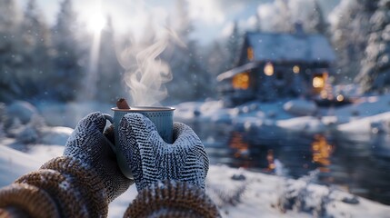 A pair of mittens holding a steaming mug of hot chocolate in a snowy setting.