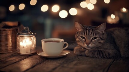 Cat rests by warm light, tea cup on table.
