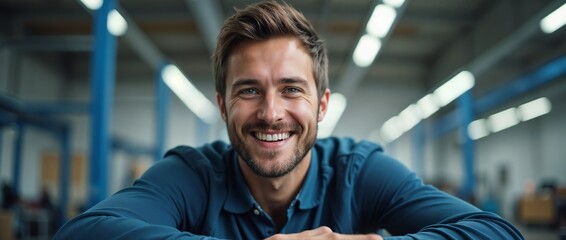 A smiling man wearing a blue shirt, standing in an automotive workshop with cars in the background, conveying expertise and a positive attitude.


