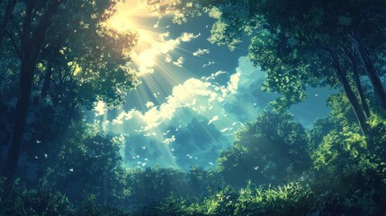 Obraz premium Sunbeams filtering through lush forest canopy. (2)