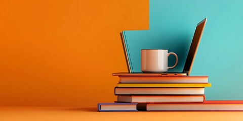 Laptop books coffee mug learning education study