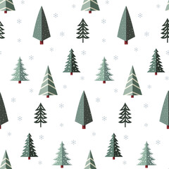 Obraz premium Christmas pattern with christmas tree, snowflakes on a white background. Seamless background perfect for use in textiles, wallpapers, and festive decorations.