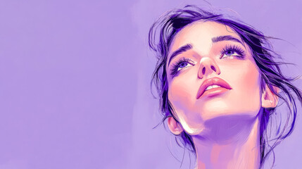 Naklejka premium Dreamy woman looking up on purple background