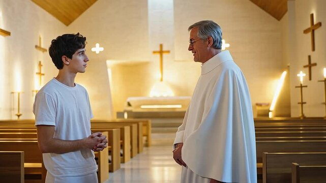 Young man talking to priest in church during confession