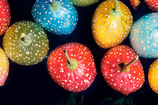 Colorful apples with dotted patterns floating on a dark background, resembling artistic surreal fruit design