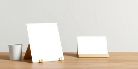 A high-quality mockup template featuring a vertical greeting card placed on a wooden desk, perfect for showcasing your designs or artwork, clean, presentation