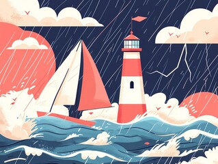 Naklejka premium A stormy scene featuring a lighthouse and a sailboat amidst turbulent waves.