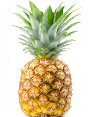 Fototapeta premium Ripe pineapple with vibrant green leaves, isolated on white background, highlighting its fresh colors and textured skin