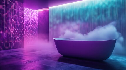 Modern bathroom with neon lights, waterfall, and bathtub.