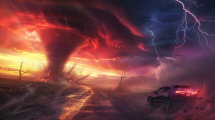 Thunderstorm, tornado, dramatic sky, vivid colors, stormy weather, ominous clouds, road view A breathtaking scene showcasing a powerful tornado emerging from dark, swirling clouds at sunset 